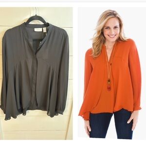 CHICOS Estelle black woman flowy lightweight satiny quiet luxury blouse NWT L